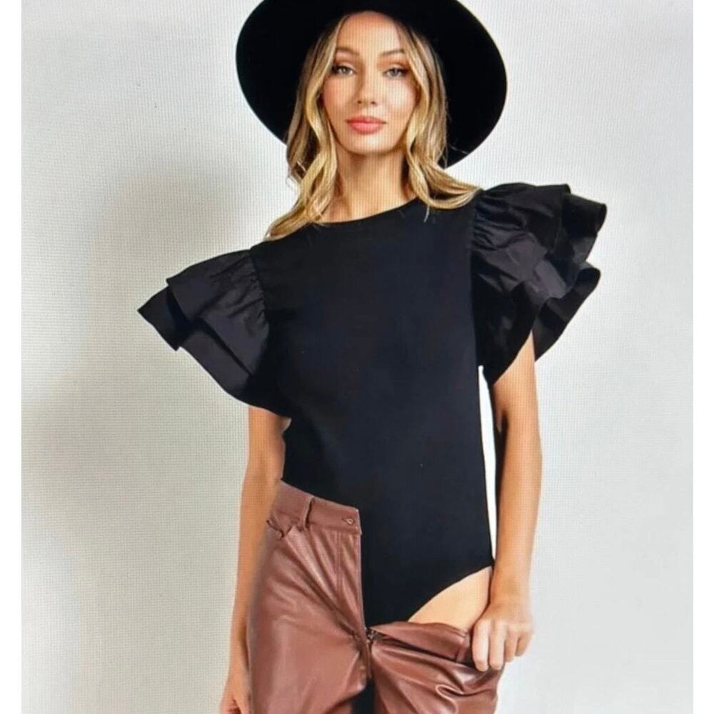 ZARA | Solid Black Puff Puffed Sleeve Bodysuit Stretch Mixed Fabric | Medium‎